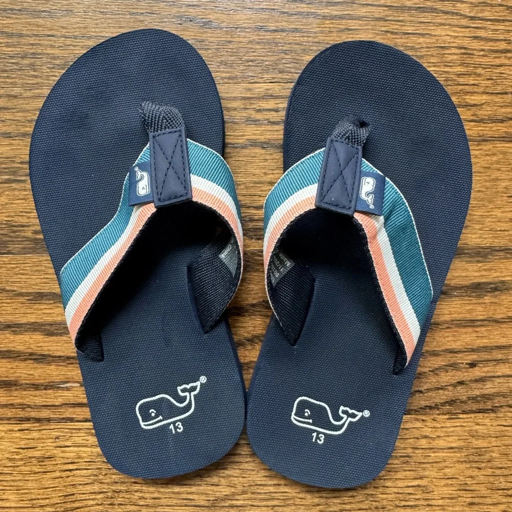 Vineyard Vines Kids Navy Flip Flops with Whale Logo, size 13